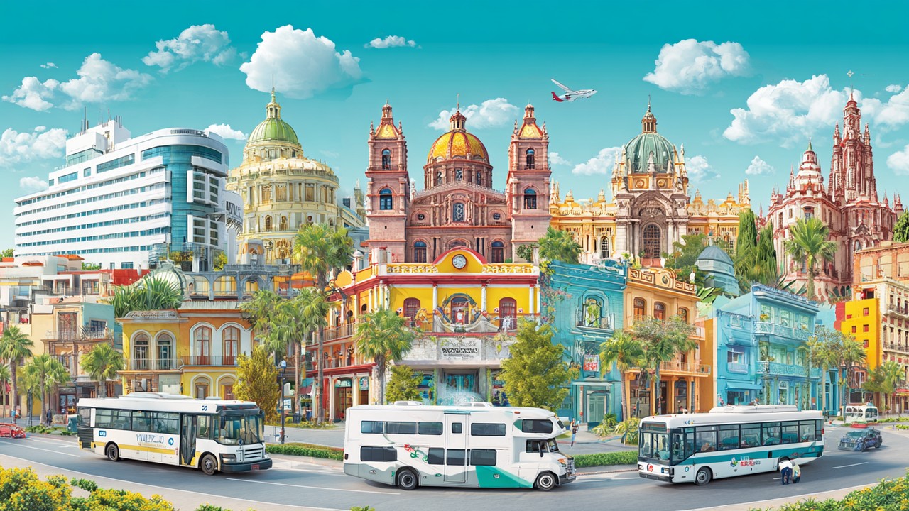 Vibrant collage of iconic landmarks and hospital exteriors from Cancun, Tijuana, Mexico City, Guadalajara, and Monterrey, showcasing Mexico's diverse medical tourism destinations.