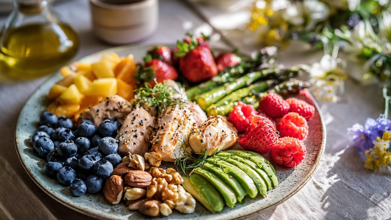 Vibrant healthy meal plate with lean proteins, colorful fruits, vegetables, and nuts on a dining table under natural light, symbolizing nutrition for healing.