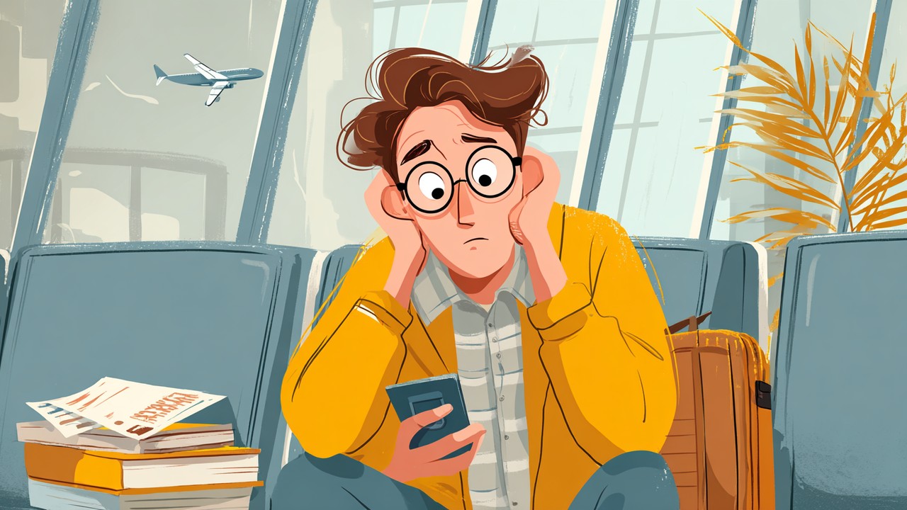 Worried patient in airport lounge holding travel documents and passport, checking phone, symbolizing visa stress during medical travel.